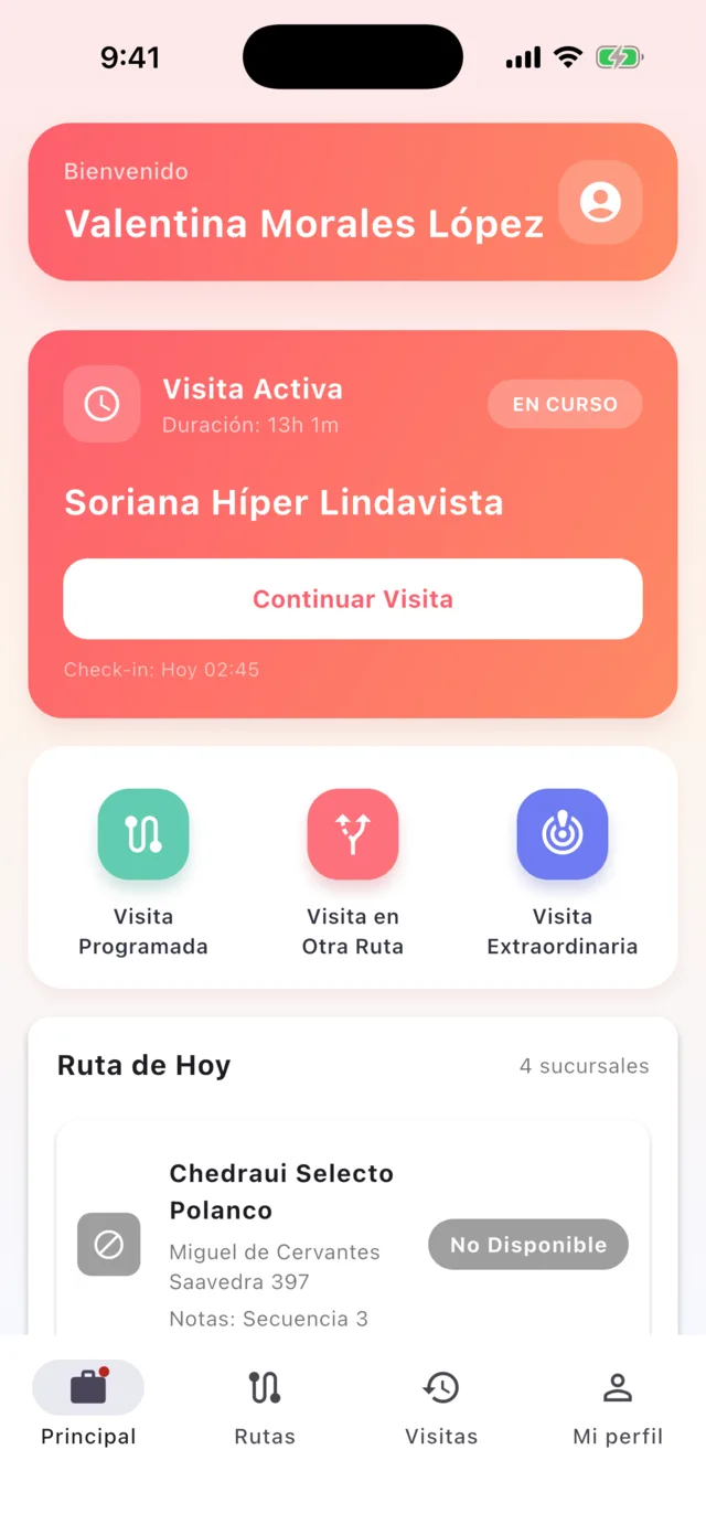 Pantalla principal de la app TeloPromo mostrando la visita activa y la ruta del día