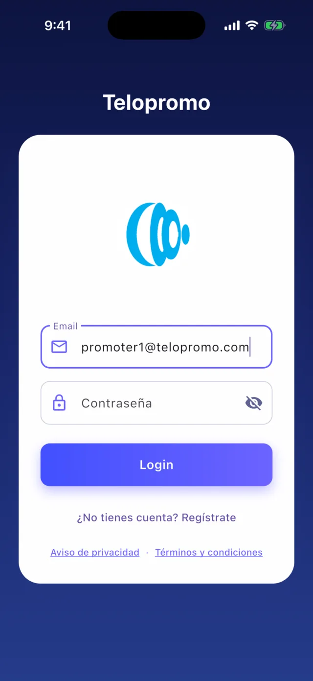 Pantalla de inicio de sesión de TeloPromo con campos de correo y contraseña