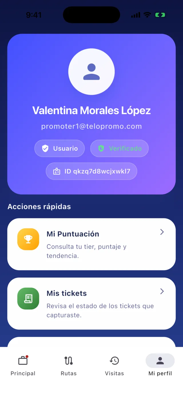 Pantalla de perfil del promotor con accesos a puntuación y tickets