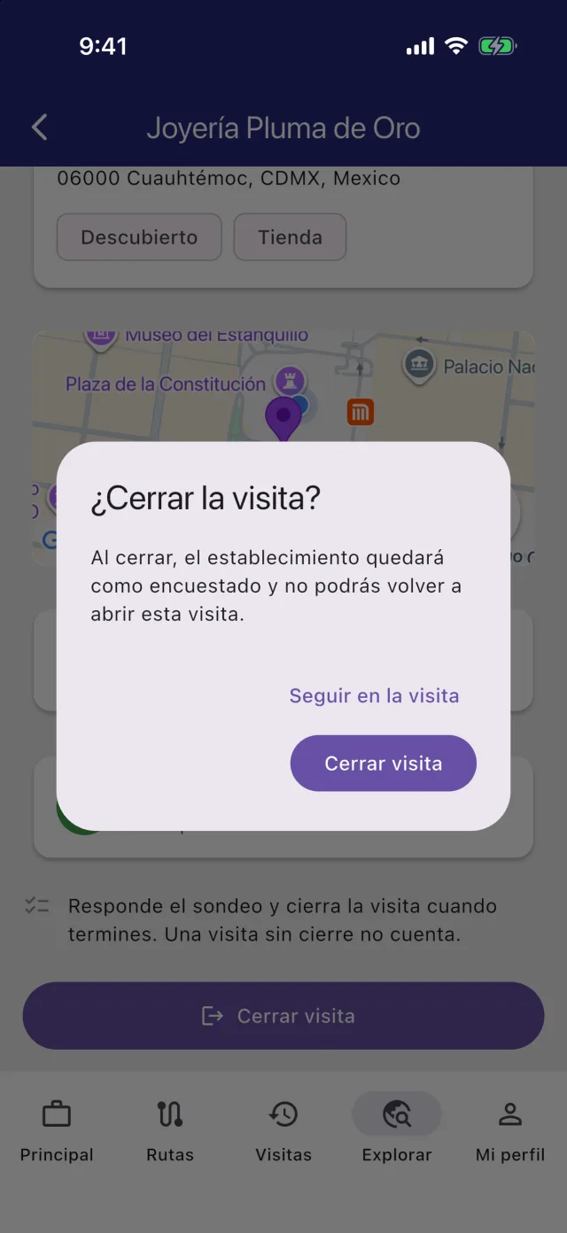 Diálogo que pide confirmar el cierre de la visita