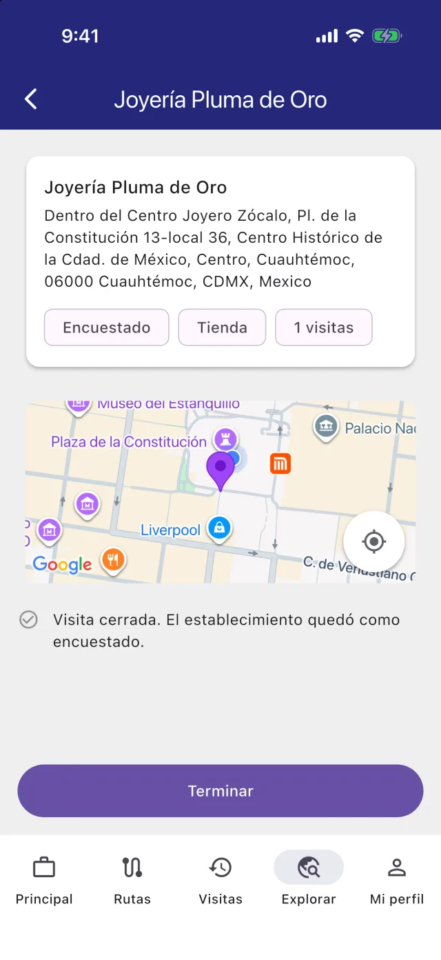 Establecimiento con estado Encuestado y una visita registrada