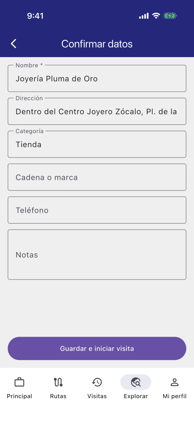 Pantalla Confirmar datos con el nombre, la dirección y la categoría ya llenados