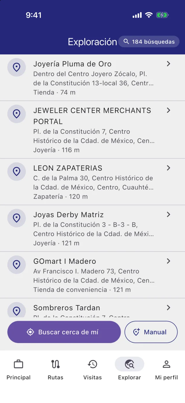 Lista de establecimientos cercanos con su distancia en metros