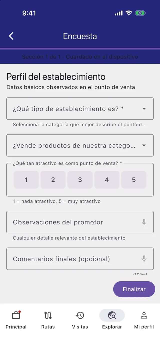 Cuestionario de exploración en blanco, con las preguntas obligatorias señaladas con asterisco