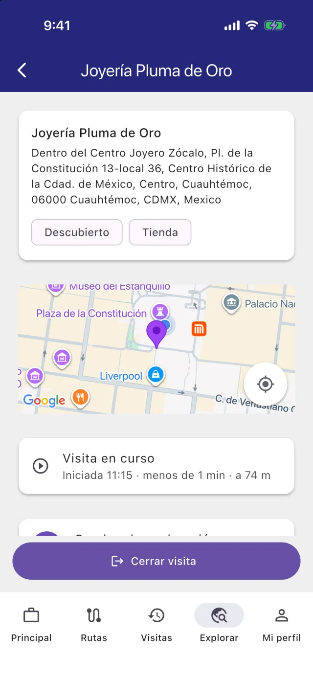 Visita en curso mostrando la distancia al establecimiento