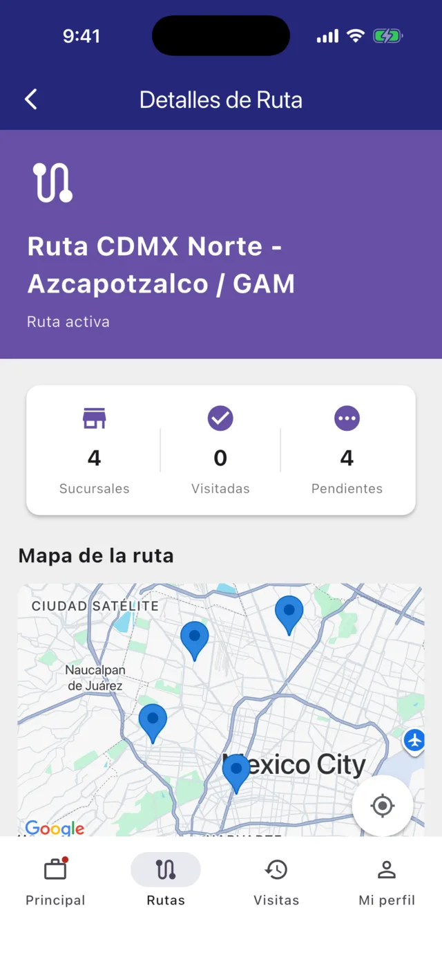 Detalle de ruta con contadores de sucursales y mapa