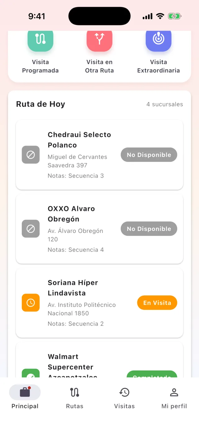 Lista de sucursales de la ruta del día con distintos estados
