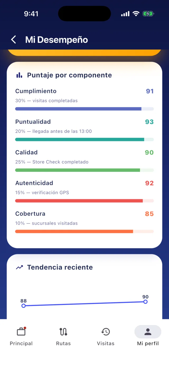 Desglose del puntaje por componente con barras de progreso