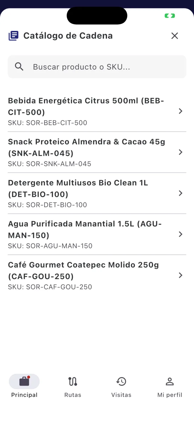Catálogo de la cadena con productos y sus SKU