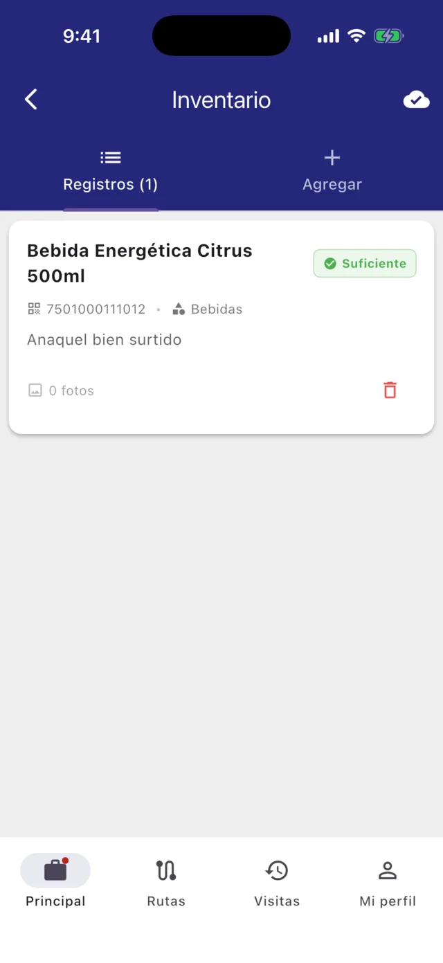 Lista de registros de inventario con un producto capturado