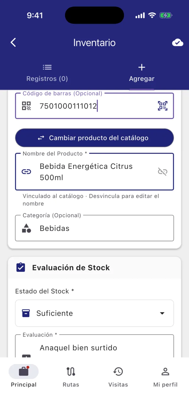 Producto vinculado al catálogo con código de barras y categoría llenados