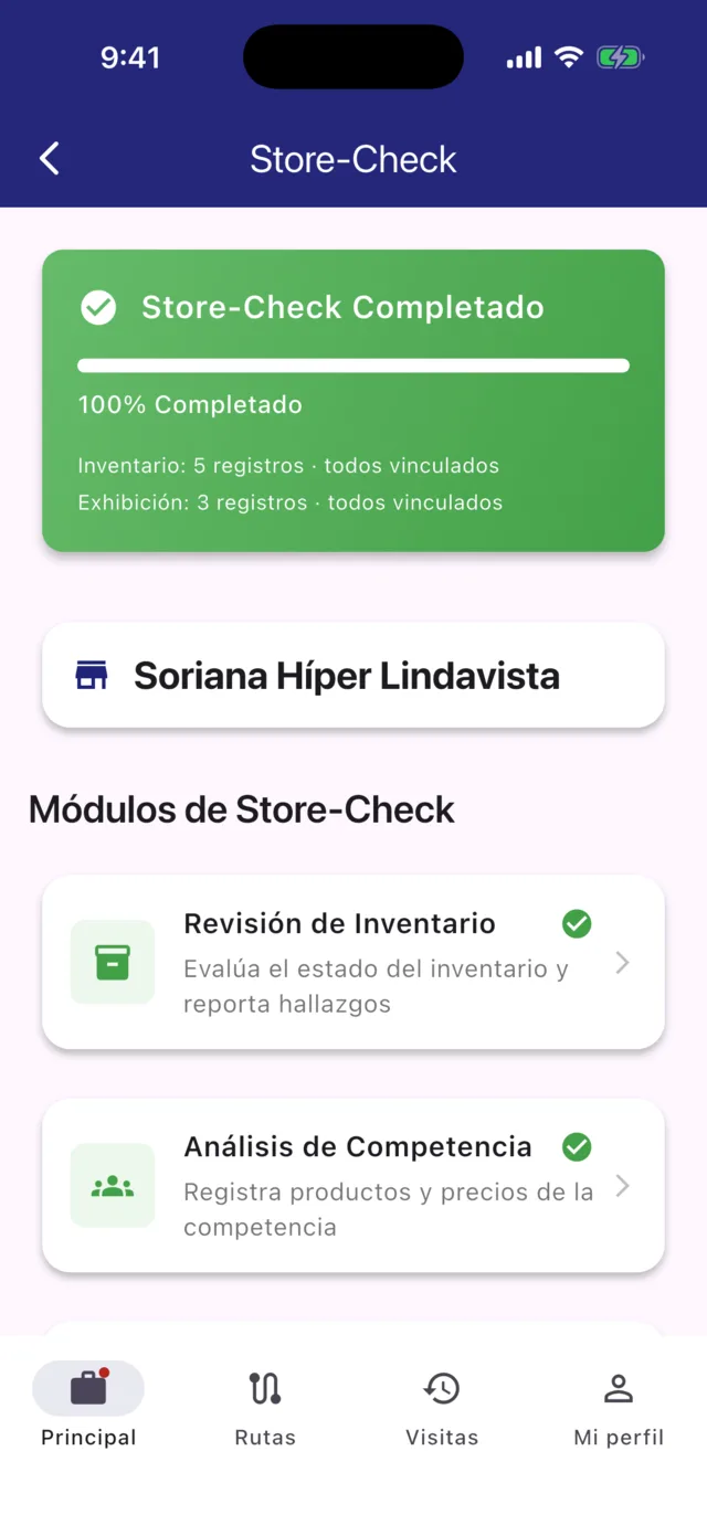 Menú de store check mostrando el avance y los módulos