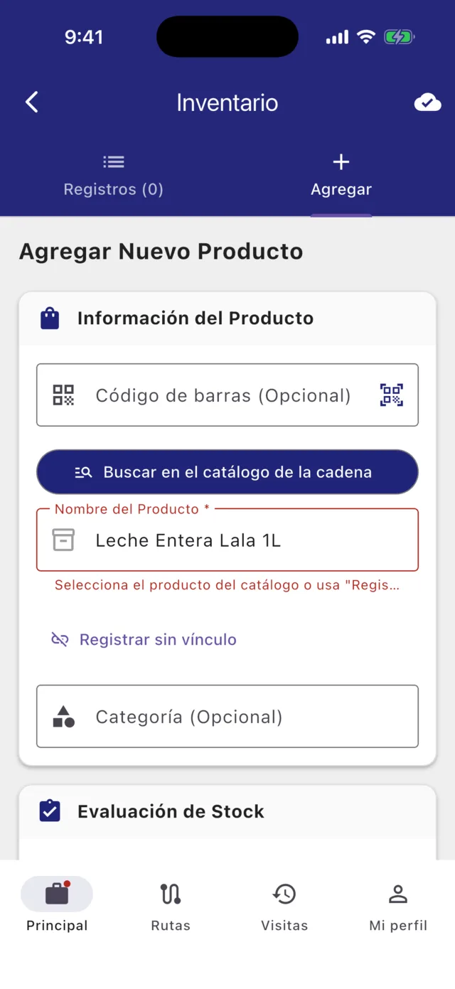 Mensaje de validación pidiendo elegir el producto del catálogo