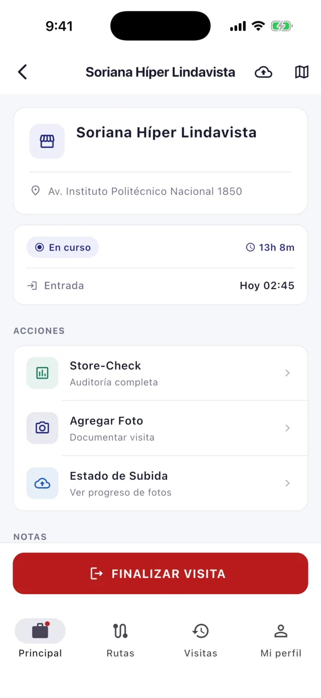 Pantalla de visita con las acciones de store check, foto y estado de subida