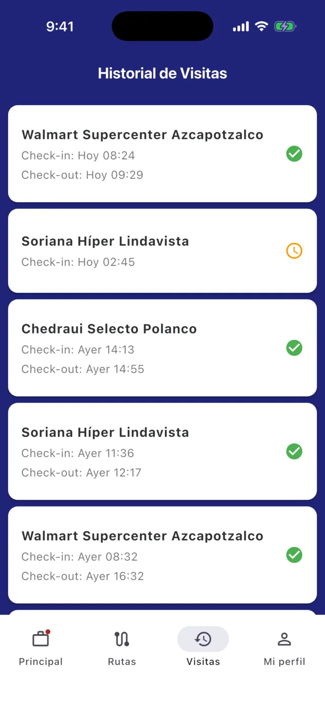 Historial de visitas con horas de check-in y check-out