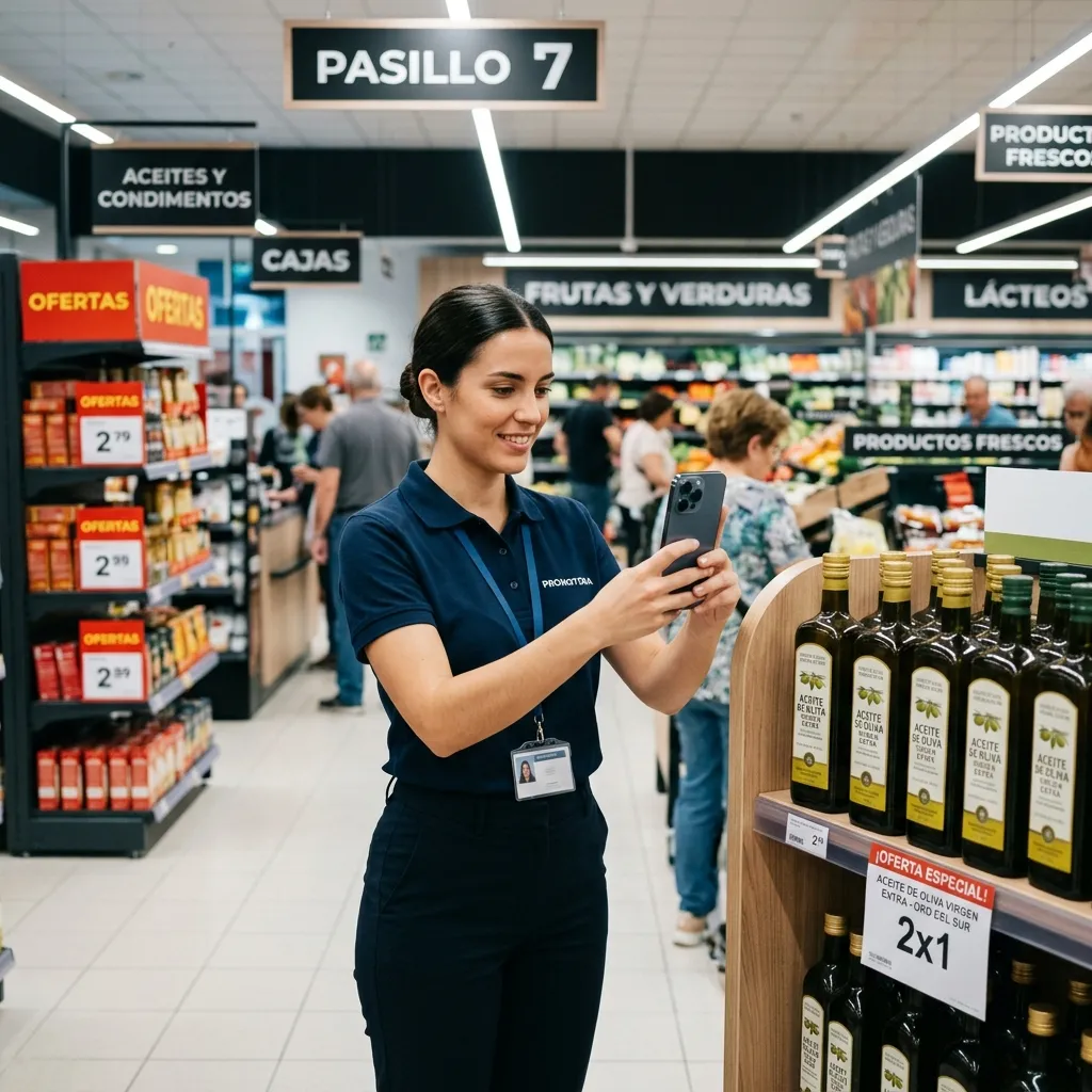 Promotora utilizando la aplicación Telopromo en un supermercado